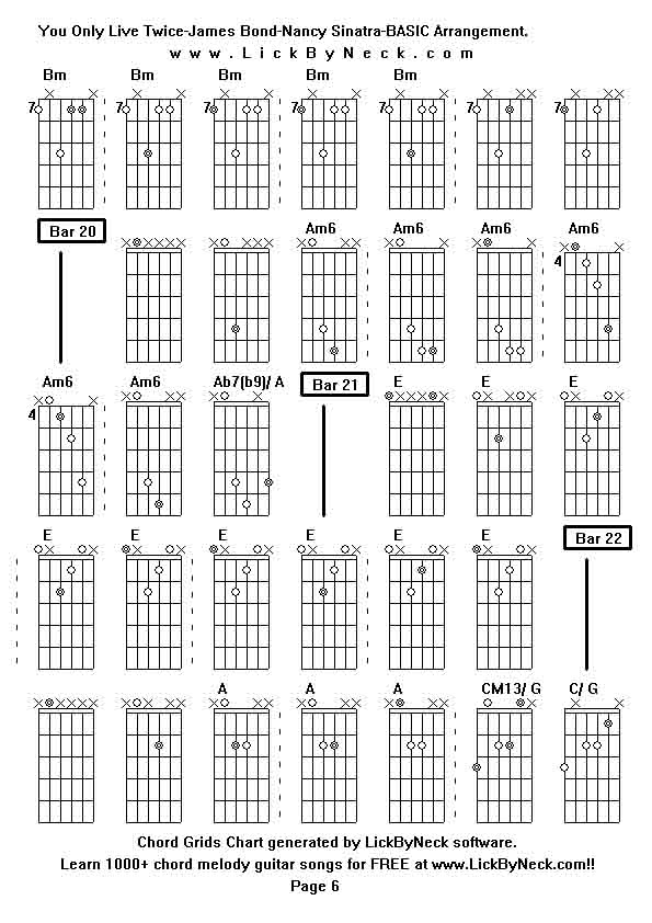 Chord Grids Chart of chord melody fingerstyle guitar song-You Only Live Twice-James Bond-Nancy Sinatra-BASIC Arrangement,generated by LickByNeck software.